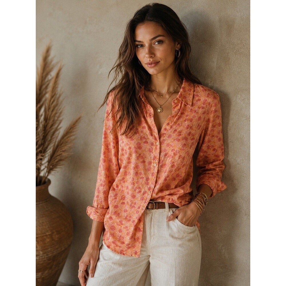 BELLA TU Shirt Orange Floral Button Front Long Sleeve Top Size L Resort Boho